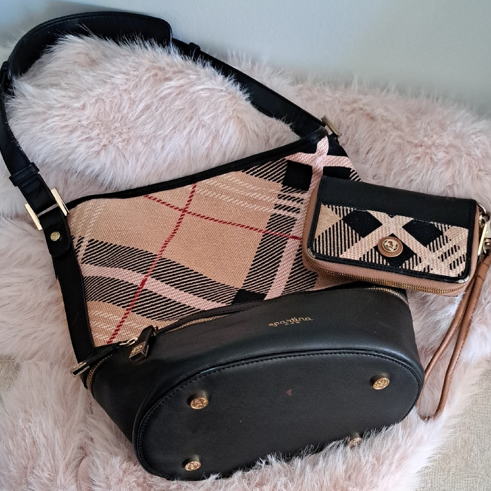 SPARTINA 449 Black and Pink Checkered Women Bag Set Leather And Linen